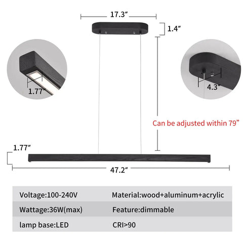 Dimensions and materials of 47 Inch Black Linear Pendant Light With Wood Finish Dimmable LED Ceiling Fixture with app connectivity.