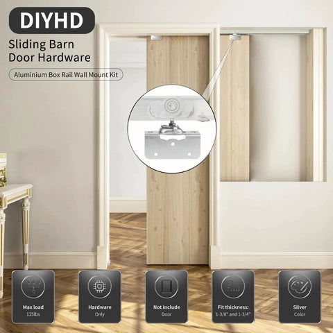 48 Inch Commercial Grade Aluminum Pocket Door Track Kit With Ceiling Mount Box Rail Sliding Door Hardware For Quiet Smooth Operation Corrosion Resistant Aluminum Track And Three Wheel Ball Bearing Hangers Fits Door Panels 1-3/4 Inch Or 1-3/8 Inch shown installed with door.