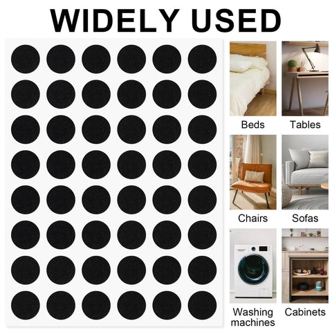 48 Pack Felt Pads for Furniture and Cabinet Doors, 1/2 Inch Black Round Self Adhesive Protectors shown with usage examples for furniture.