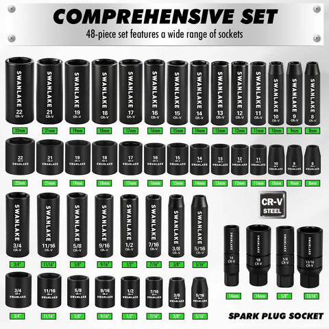 One Hundred Five Piece Three Eighths Inch Drive Impact Socket Set with 28 Metric Sockets 8 to 22 Mm and 16 SAE Sockets