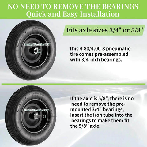✝️ (2 pack) 4.80/4.00-8 tire and wheel, 16" pneumatic wheelbarrow tires with 3" centered hub and 3/4" bearings, easy installation