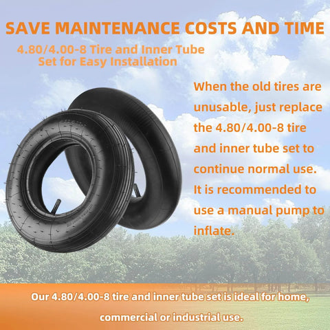 4.80/4.00-8 tire and inner tube set displayed against sky backdrop with text about ease of installation and maintenance