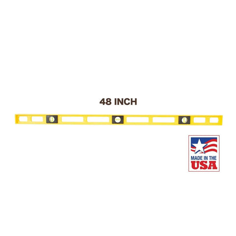 Durable 48 inch polystyrene level with 0.001 inch accuracy, built in the USA, featuring three vials and an impact resistant frame.