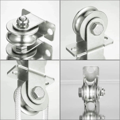 48mm Wheel Cable Pulley Wall Mount With Two Ball Bearings in steel and stainless steel ropes, shown in various angles and setups