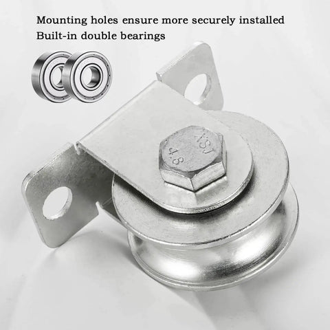 48mm Wheel Cable Pulley Wall Mount With Two Ball Bearings In Bearing Steel And Stainless Steel Rope for Pulley System and Sliding Gate Heavy Duty Application High Load Capacity 1100 Lb 2 Pieces With Anti Loosening Self Locking Nuts
