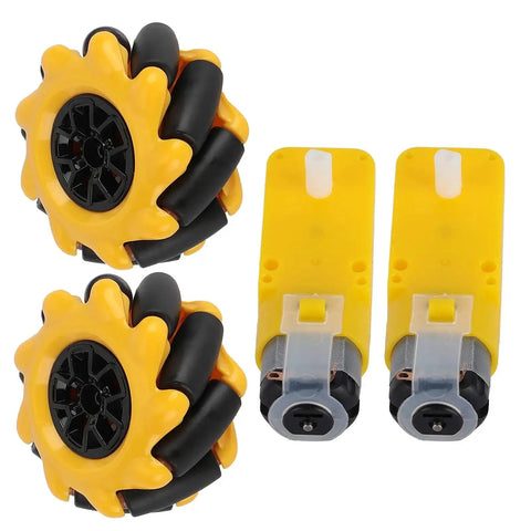 Mecanum Wheel For TT Geared Motor Dope Robot Car Parts DIY Maker Components With Rubber Coating 48mm Diameter Wheel For Left Right Translation Drifting Movements And 45 Degree Tilt Changes ABS Rubber Construction, yellow and black wheels with motors