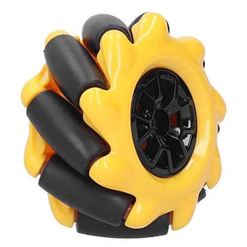 Front view of Eujgoov Mecanum Wheel, 48mm -Directional Wheel Smart Robot Car Accessories DIY Components in black and yellow
