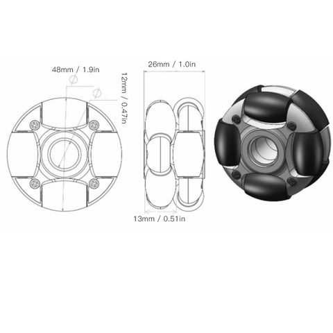 Diagram and photo of 48mm Omnidirectional Wheel Double Row Multi Directional Wheel Replacement 14036 for Robot Industry