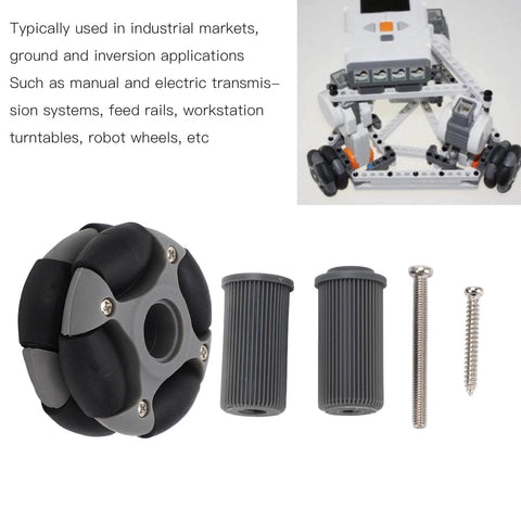 48mm Omnidirectional Wheel Double Row Multi Directional Wheel Replacement 14036 for Robot Industry shown with installation components