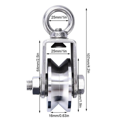 Front view of 48MM Stainless Steel Crane Pulley Block and Tackle Pulley System, showing dimensions and V-type swivel pulleys wheel for rope.
