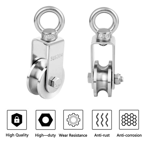 48MM Stainless Steel Crane Pulley Block and Tackle Pulley System with V Type Swivel Pulleys and icons for durability features.