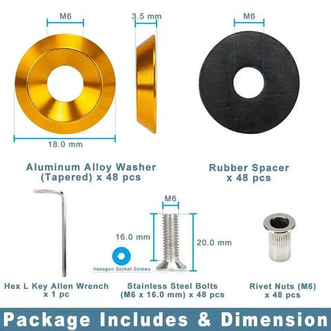 48 Piece M6 Widebody Fender Flare Hardware Kit With 18mm Tapered Washers Rivet Nuts Spacers And Hex Key Wrench in gold