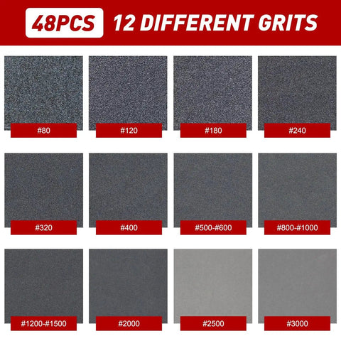 48 Pcs 3 Inch Round Sanding Sponge Set Grit 80 To 3000 For Wood Metal Auto Body showing 12 different grits in a grid format.