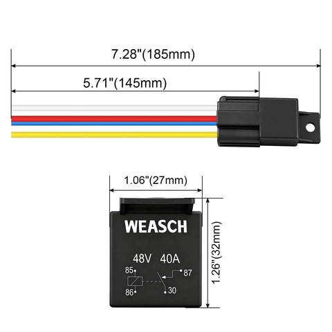 Dimensions of 2 Pack 48V 40A Car Relay Harness With 4 Pin SPST, 12AWG Harness Sockets, Automotive Switches And Starters