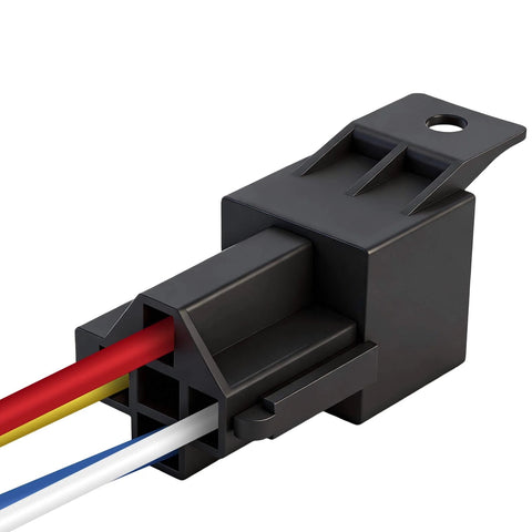 Close-up view of 2 Pack 48V 40A Car Relay Harness with 4 Pin SPST and 12AWG harness sockets, designed for automotive and marine use.