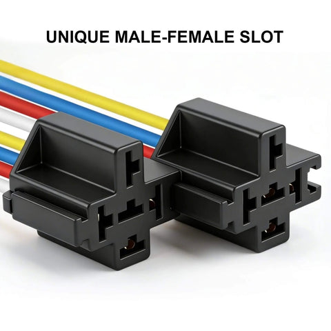 2 Pack 48V 40A Car Relay Harness With 4 Pin SPST, 12AWG harness sockets shown with wiring and unique male-female slot