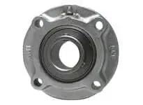 Front view of 1-1/8 in Piloted Flange Single Row Ball Bearing, Nickel-Plated Cast Iron Housing, Set Screw Locking, Contact Seal with Slinger