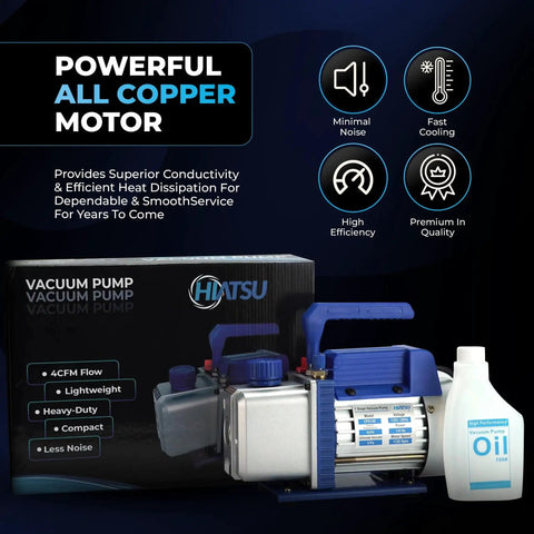 Powerful 4 CFM HVAC Vacuum Pump with Dual Inlet Ports for Auto AC Systems, Hiatsu Pro Grade, includes copper motor and oil