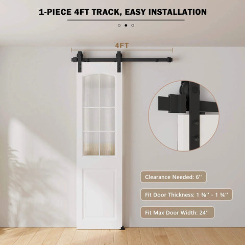 4FT Sliding Barn Door Hardware Kit for Single Doors up to 24 Inch, Heavy Duty Carbon Steel Track shown installed on white door