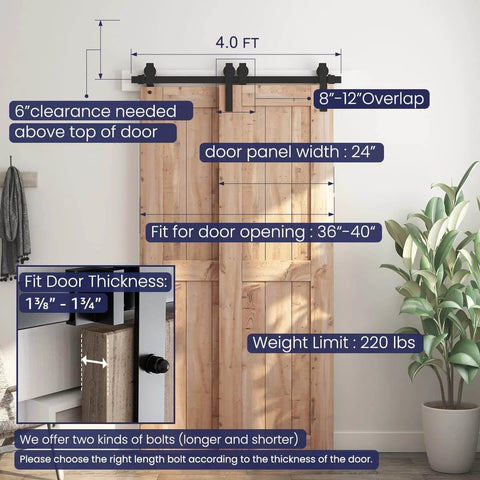 4 Feet Bypass Sliding Barn Door Hardware Kit for Double Wooden Doors with Single Track installed on wooden doors.