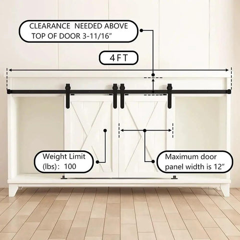 4ft Double Door Sliding Barn Door Hardware Kit For Cabinets Wardrobes And TV Stands With Carbon Steel Construction Black Powder Coated Finish Featuring Rails Supports Rollers And Stoppers Included For Doors Up To 100 Lbs And Nine Sixteenths To Thirteen installed on a white cabinet