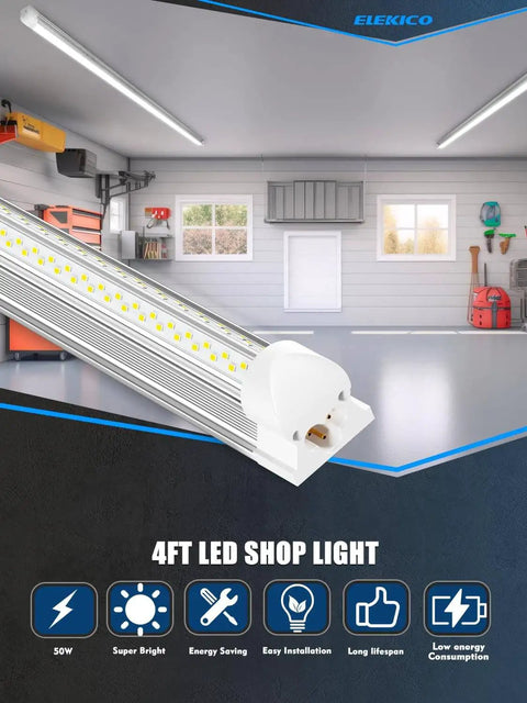 Six Pack 50W 4Ft LED Shop Lights With 7500 Lumens 5000K V Shape Lighting Linkable Design in garage setting