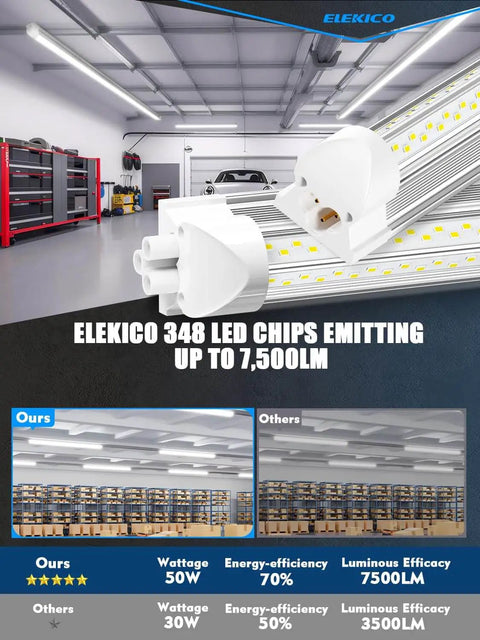 Six Pack 50W 4Ft LED Shop Lights With 7500 Lumens 5000K V Shape Lighting Linkable Design for garage workshop displayed in use.