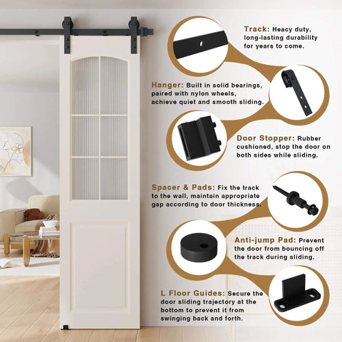 Image showing 4FT Sliding Barn Door Hardware Kit for Single Doors up to 24 Inch with details of track, nylon rollers, door stopper, and guides.