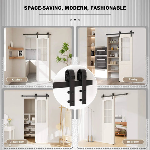 4FT Sliding Barn Door Hardware Kit for Single Doors up to 24 Inch installed in various rooms, showcasing heavy duty carbon steel track and rollers.