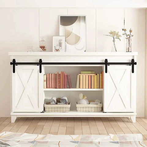 4ft Double Door Sliding Barn Door Hardware Kit For Cabinets Wardrobes And TV Stands With Carbon Steel Construction Black Powder Coated Finish Featuring Rails Supports Rollers And Stoppers Included For Doors Up To 100 Lbs And Nine Sixteenths To Thirteen installed on white cabinet.