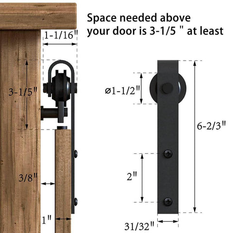 Dimensional diagram of 4FT Super Mini Sliding Barn Door Hardware Kit for Single Door TV Stands Wardrobes and Cabinets with J Shape Hanger