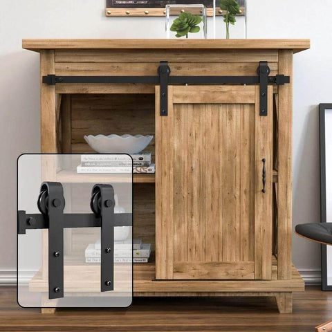 4FT Super Mini Sliding Barn Door Hardware Kit for Single Door TV Stands Wardrobes and Cabinets with J Shape Hanger shown on wooden cabinet