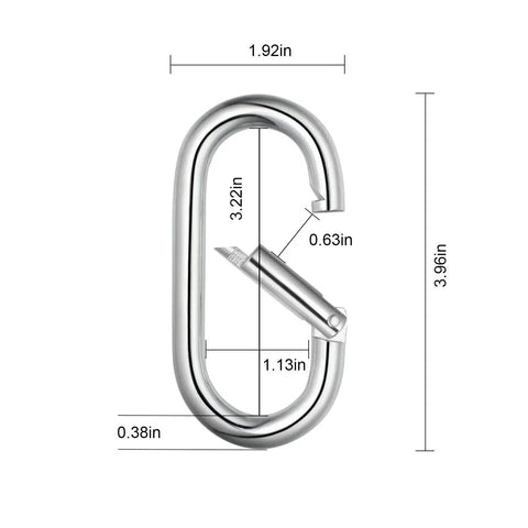 4 Inch Carabiner Clip Heavy Duty Spring Snap Hook Oval Shape 2 Pack 10x100mm Load Bearing 800 Lbs with dimensions shown