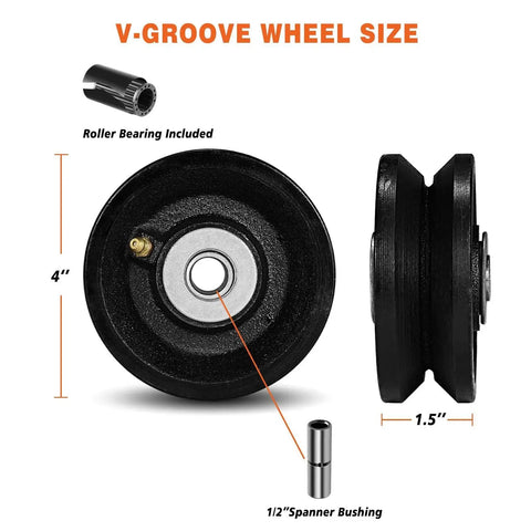 Front and side view of 4 Inch By One And A Half Inch Cast Iron V Groove Wheel With Roller Bearing 600 Lbs Capacity Designed For Heavy Duty Roll Tracks