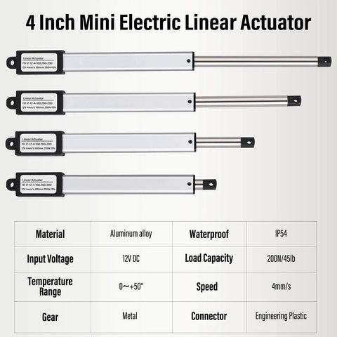 4 inch mini electric linear actuator specs with table showing material, voltage, waterproof rating, load, and speed