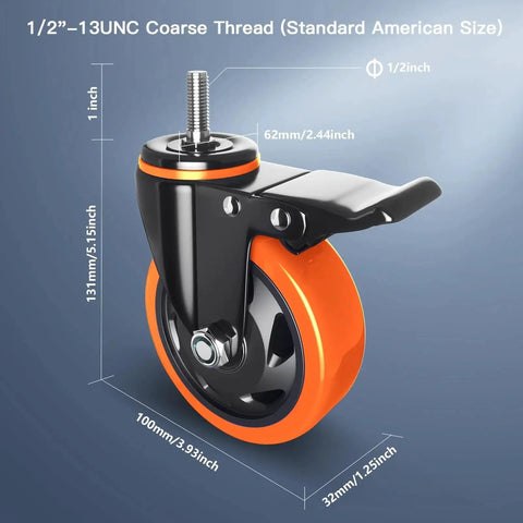 4 Inch Heavy Duty Stem Caster Wheels Set Of 4 With Dual Locking Brakes For Cart And Furniture, 2000 Lb Total Capacity, Threaded Stem Half Inch 13 By 1