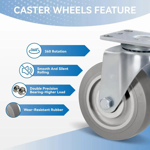 4 Inch Heavy Duty Caster Wheels Set Of 4 With Swivel 1200 Lbs Load Capacity Rubber Quiet Castors Industrial Plate Casters close-up