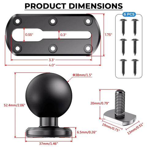 Dimensions of 4 Inch Tough Track Kayak Mount Base With 1.5 Inch Ball T Bolt Track Rail Compatible With RAM Mounts, shown with 8 screws