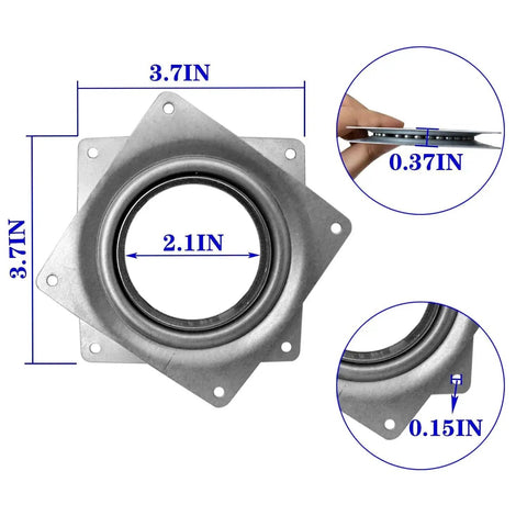 4 Inch Square Lazy Susan Hardware Rotating Bearing Plate with 300 Pound Capacity, dimensions and zinc plated steel close-up