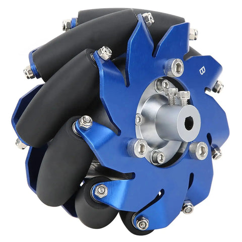 Beefy 4 Inch Mecanum Wheel With Aluminum Hub And TPU Rollers For Industrial Robots, blue omnidirectional wheel side view