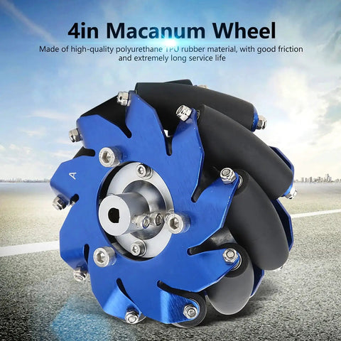 4 Inch Mecanum Wheel Right Aluminum With TPU Rubber Rollers For Industrial Robots in blue, featuring end bearings and smooth performance.
