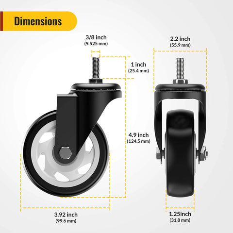 4 Inch Caster Wheels No Brake Stem Casters Set of 4 Heavy Duty Swivel Castors with 3/8 Inch 16 x 1 Threaded Stem, dimensions view
