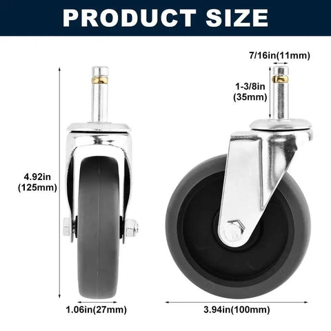 Dimensions of 4 Pack 4-Inch Swivel Stem Casters With 7/16-Inch Stem Diameter Rubber Wheels, Heavy Duty TPR Replacement Caster Wheels.