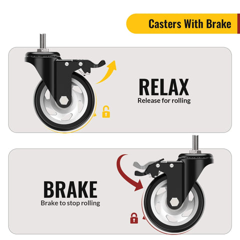 4 Inch Total Locking Stem Caster Wheels Set showing brake release and lock function with 3/8 Inch 16 x 1 Threaded Stem.