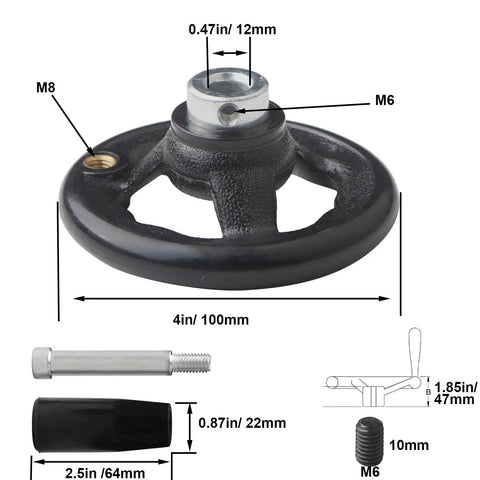 Two Pack Round Hand Wheel With Three Spokes 4 Inch Diameter And 0.47 Inch Thick Revolving Knob Handle for machinery, dimensions shown