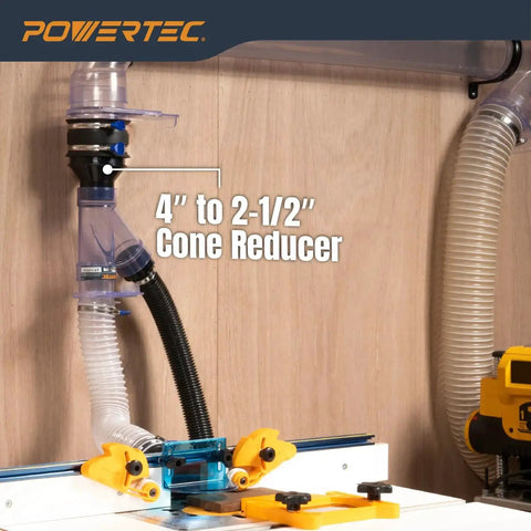 Four Inch To Two And One Half Inch Cone Reducer For Dust Collection Fittings Hose To Hose Connection installed in workshop.