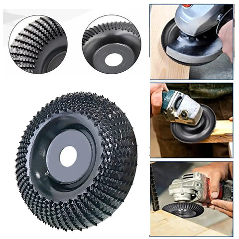 4 Inch Wood Carving Disc For Angle Grinders With Five Eighths Inch Arbor Curved Wood Shaping Wheel shown in various uses
