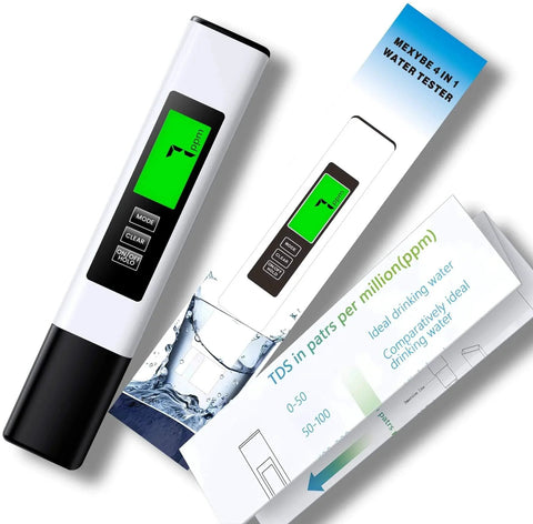 4 in 1 Tds Meter Digital Water Tester displaying 7 ppm reading, with green screen and packaging, ideal for aquariums and RO systems.