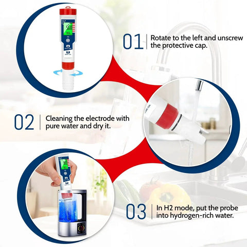 4 In 1 Water Quality Tester For Drinking Water With pH, Hydrogen H2, ORP And Temperature Readouts instruction steps