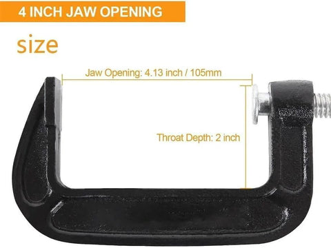 4 Inch Heavy Duty C Clamp showing jaw opening and throat depth dimensions, ideal for woodworking and welding projects.